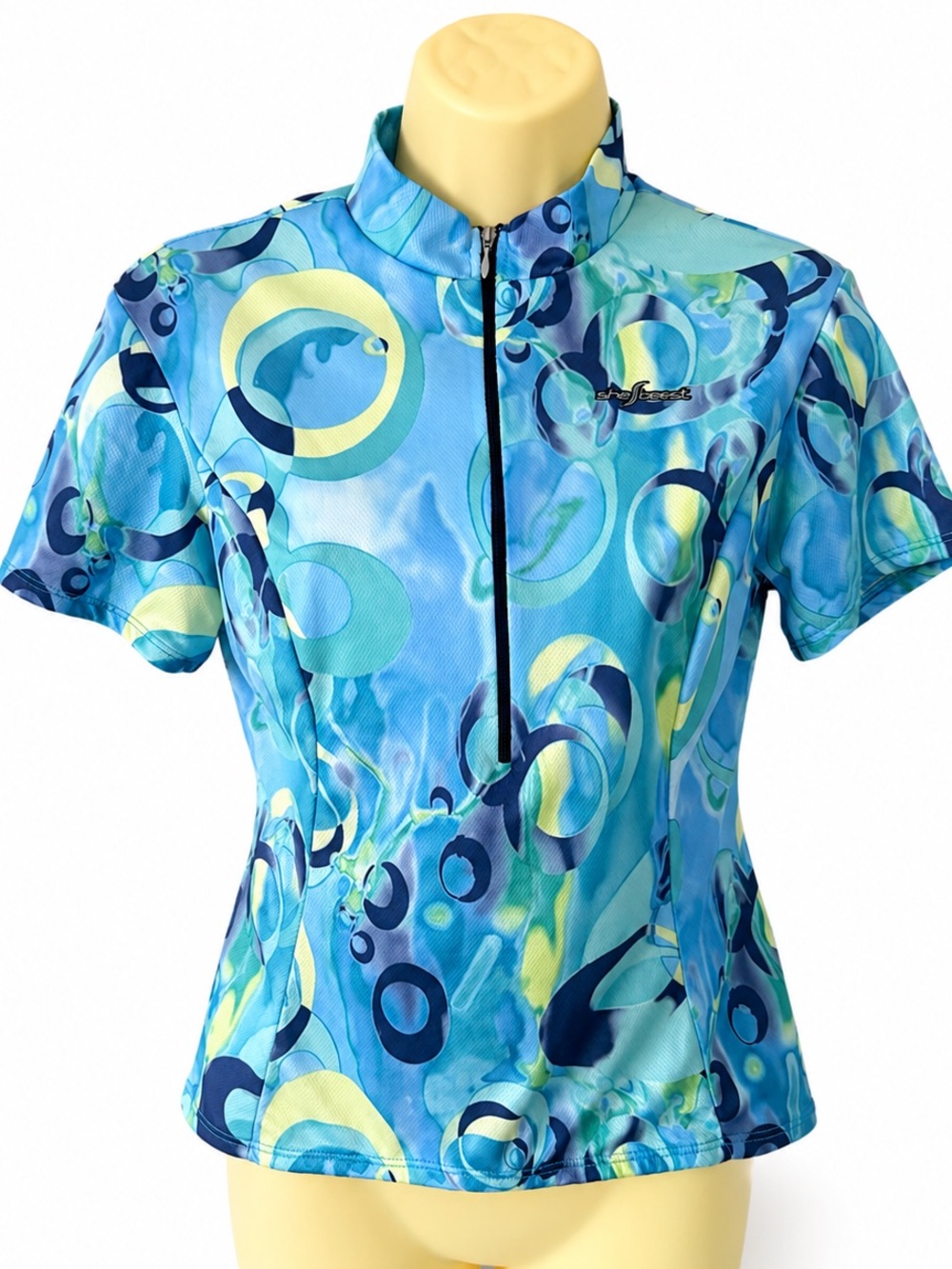Shebeest Women’s Small Cycling Jersey Blue Abstract Print Quarter Zip Made in US